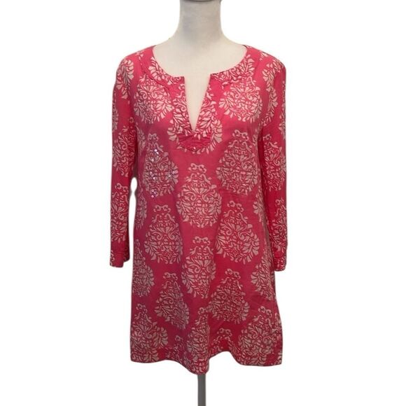 INC size 6 3/4 sleeve pink and white print tunic coverup with sequin trim EUC - Picture 1 of 11